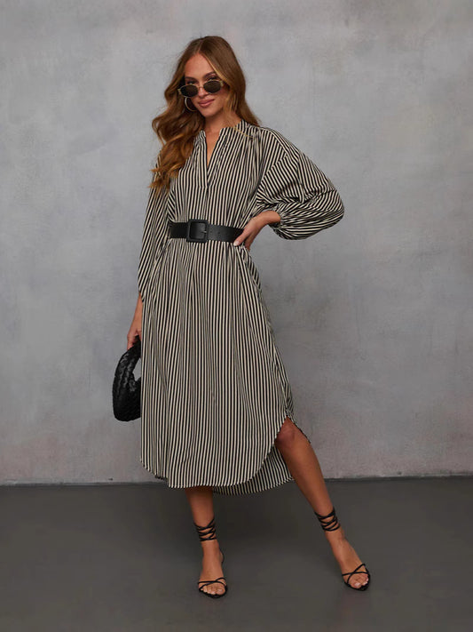 Robe Longue Rayée Col V & Ceinture | PRIVERA