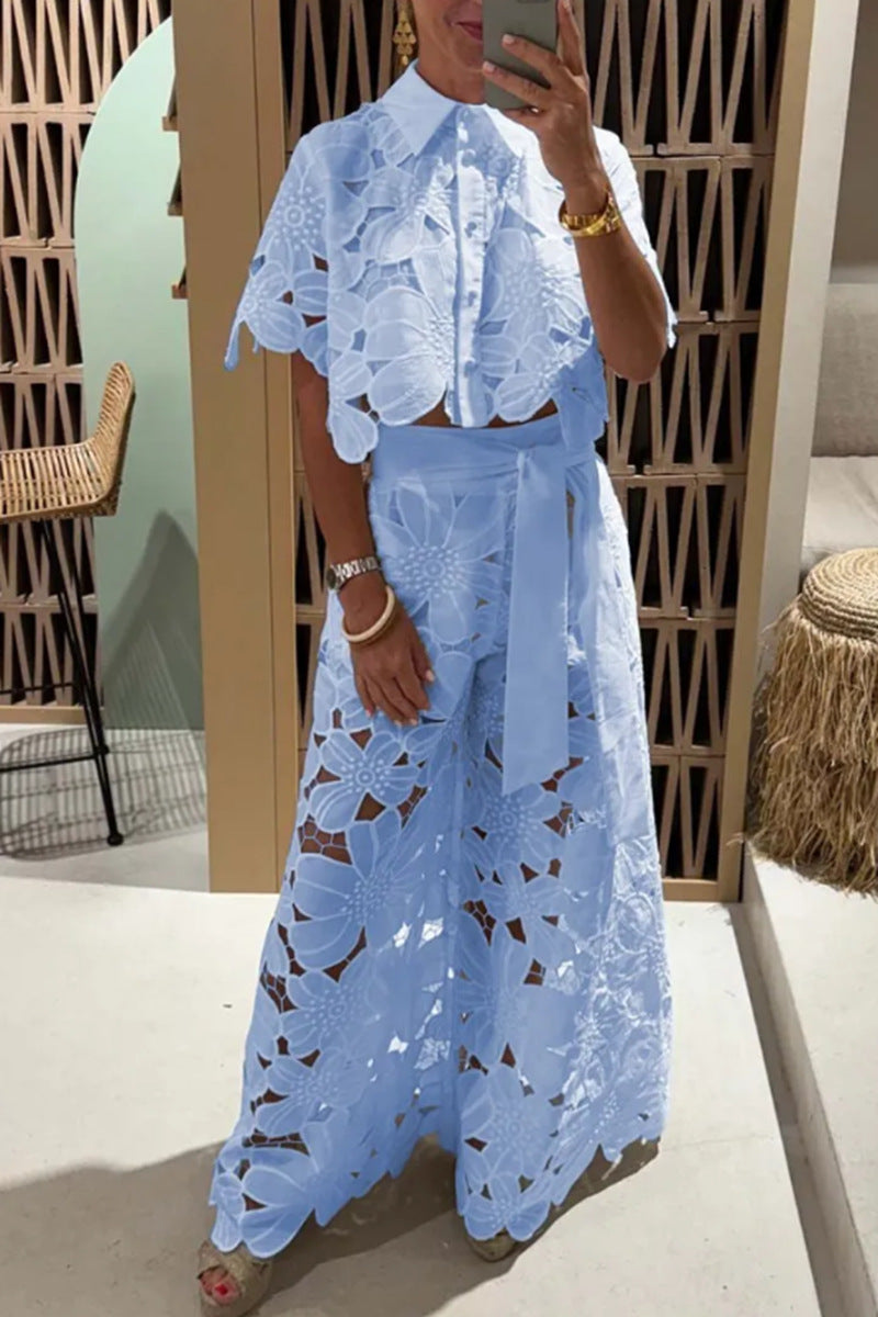 Openwork Cardigan & Wide-Leg Trousers Set
