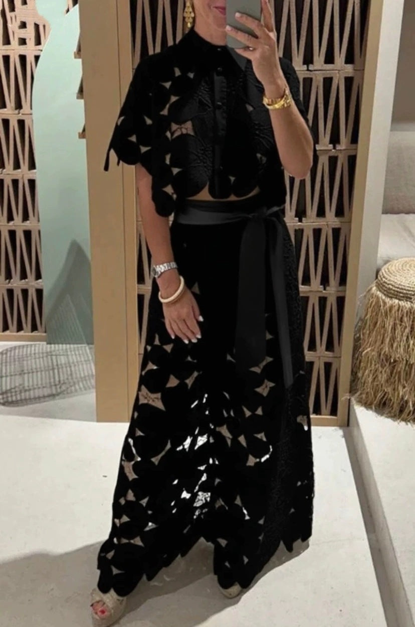 Openwork Cardigan & Wide-Leg Trousers Set