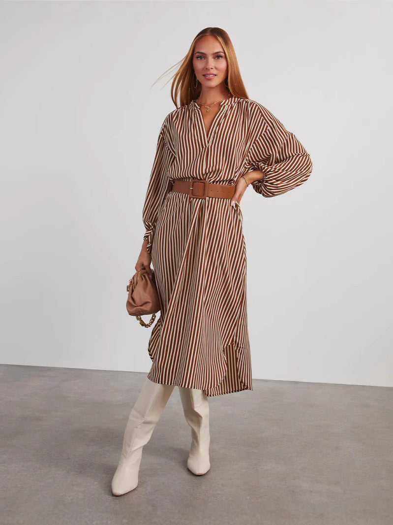 Robe Longue Rayée Col V & Ceinture | PRIVERA
