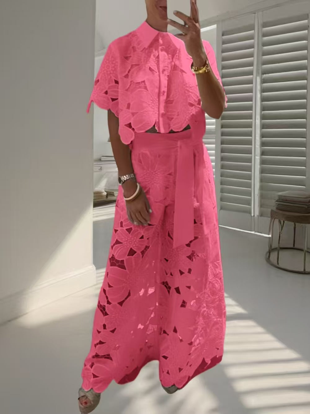 Openwork Cardigan & Wide-Leg Trousers Set