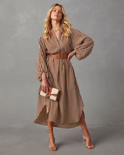 Striped Maxi Dress — V-neck & Belt