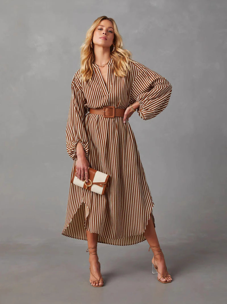 Robe Longue Rayée Col V & Ceinture | PRIVERA