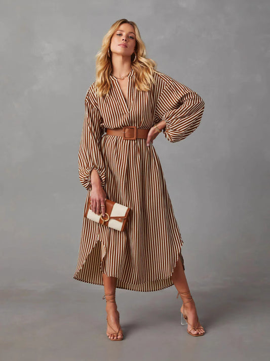 Robe Longue Rayée Col V & Ceinture | PRIVERA