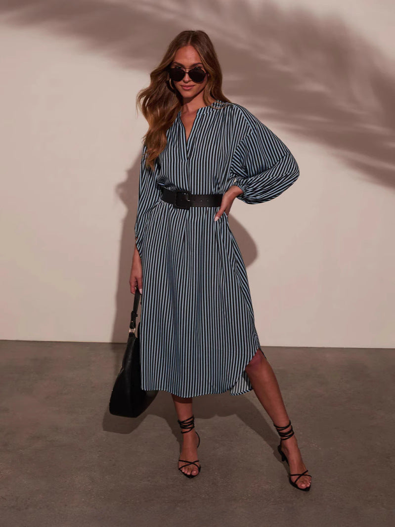 Robe Longue Rayée Col V & Ceinture | PRIVERA