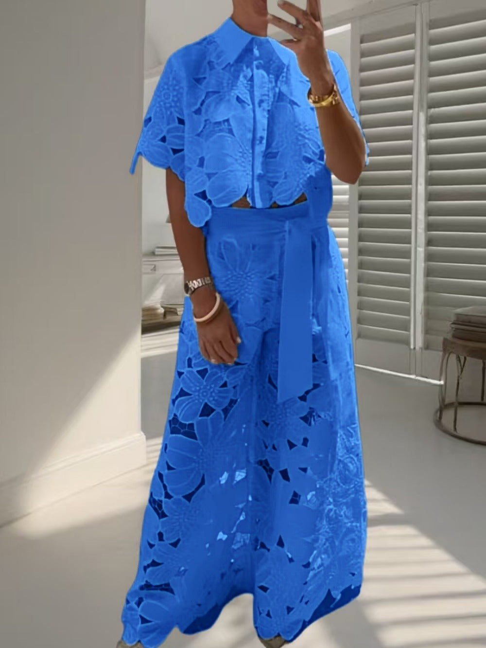 Openwork Cardigan & Wide-Leg Trousers Set