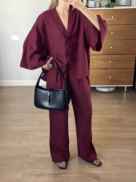 Ensemble Coton Veste Lacée & Pantalon Large | PRIVERA