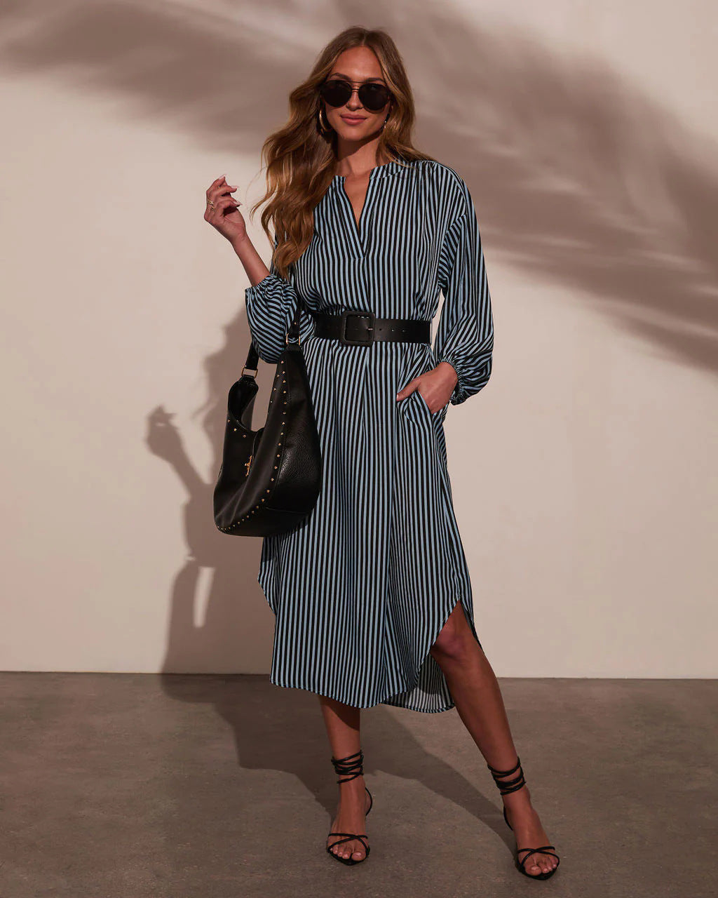 Striped Maxi Dress — V-neck & Belt
