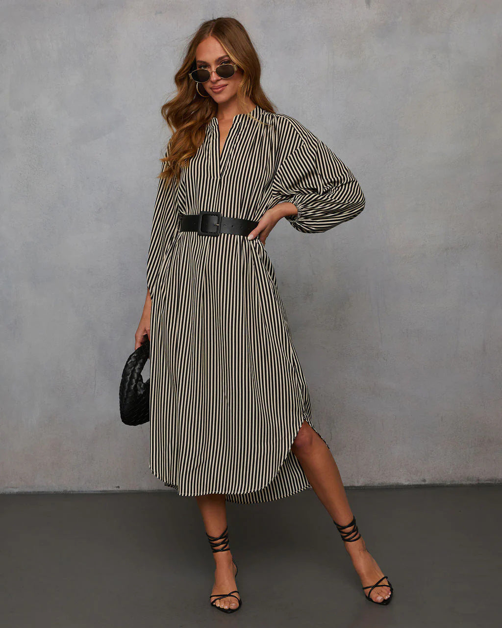 Robe Longue Rayée Col V & Ceinture | PRIVERA