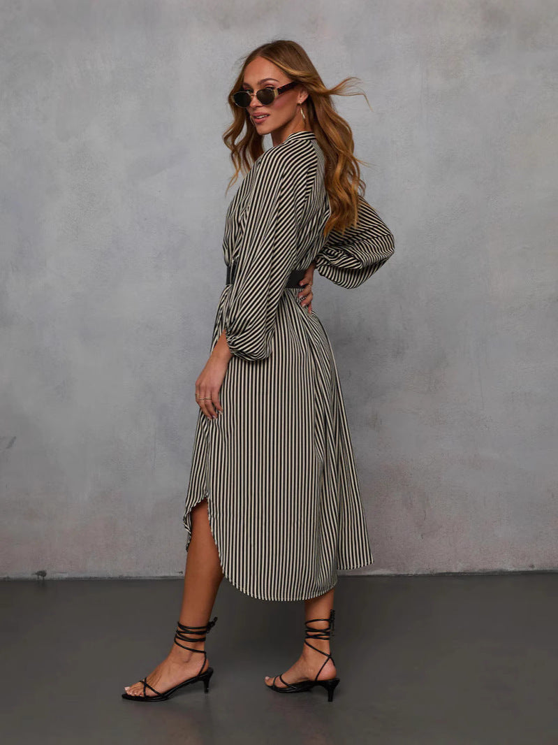 Robe Longue Rayée Col V & Ceinture | PRIVERA