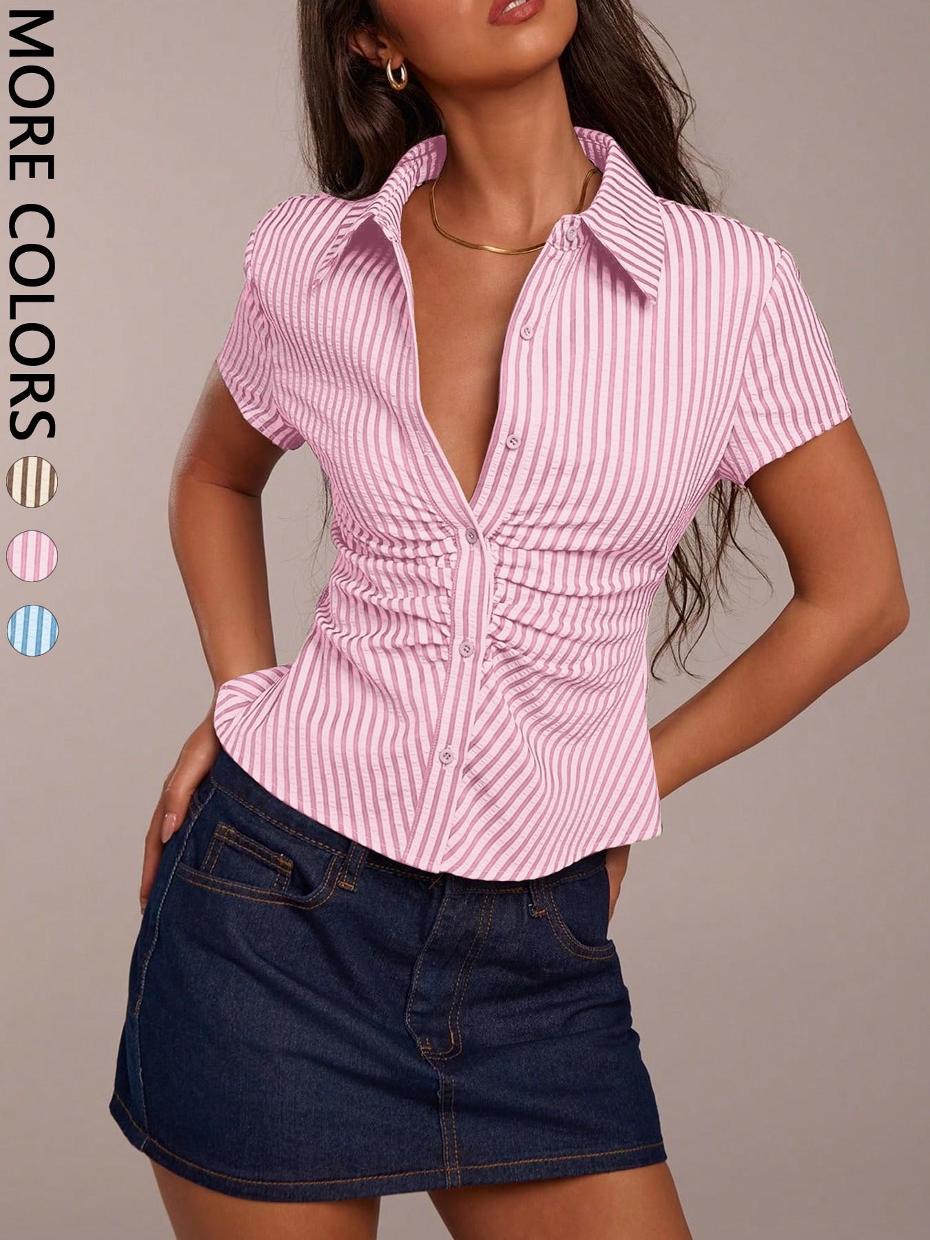 Chemise Rayée Boutonnée Y2K Manches Courtes | PRIVERA