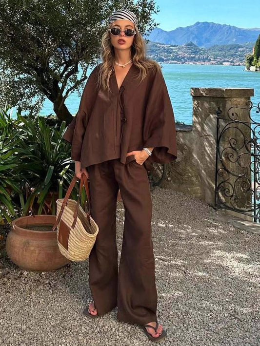 Ensemble Coton Veste Lacée & Pantalon Large | PRIVERA