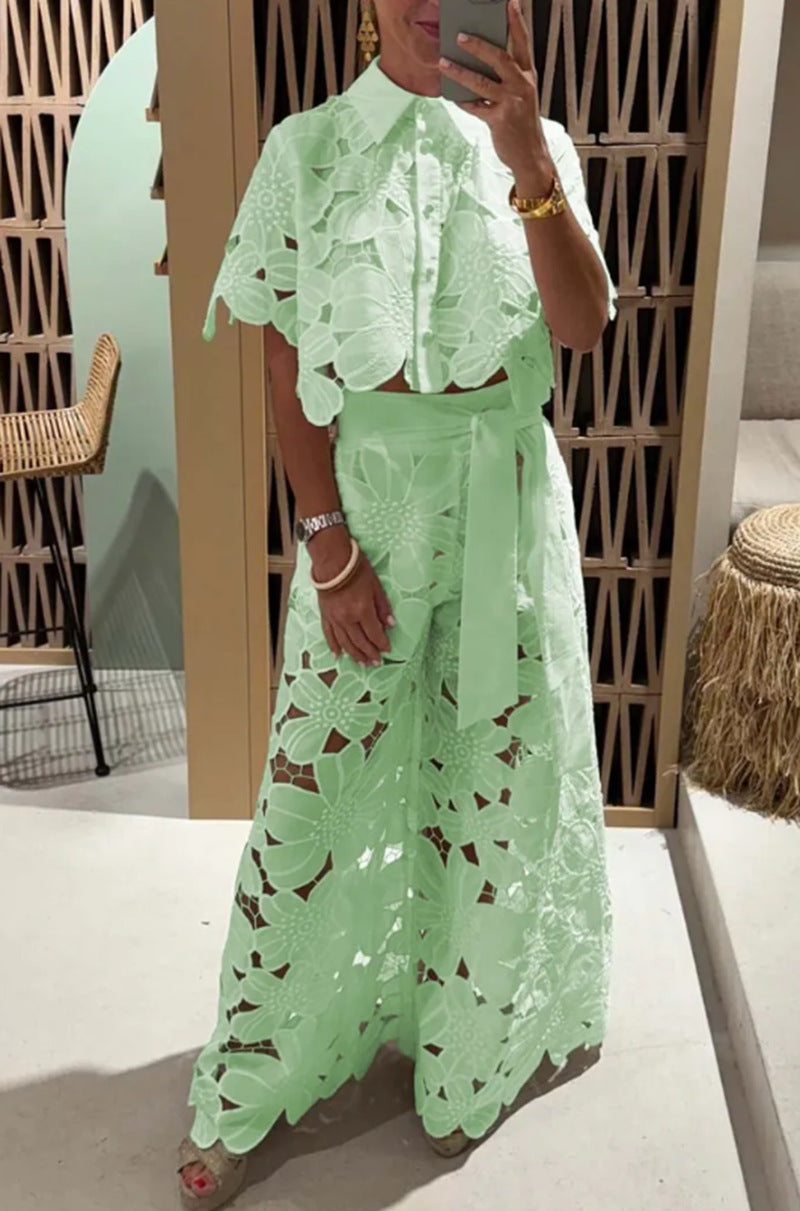 Openwork Cardigan & Wide-Leg Trousers Set